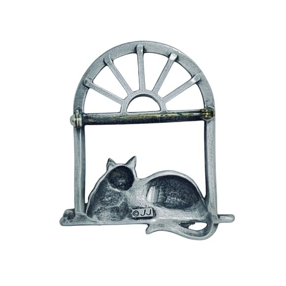 Jonette Jewelry Pewter Cat In A Window Brooch Signed JJ (5557) - Picture 3 of 3